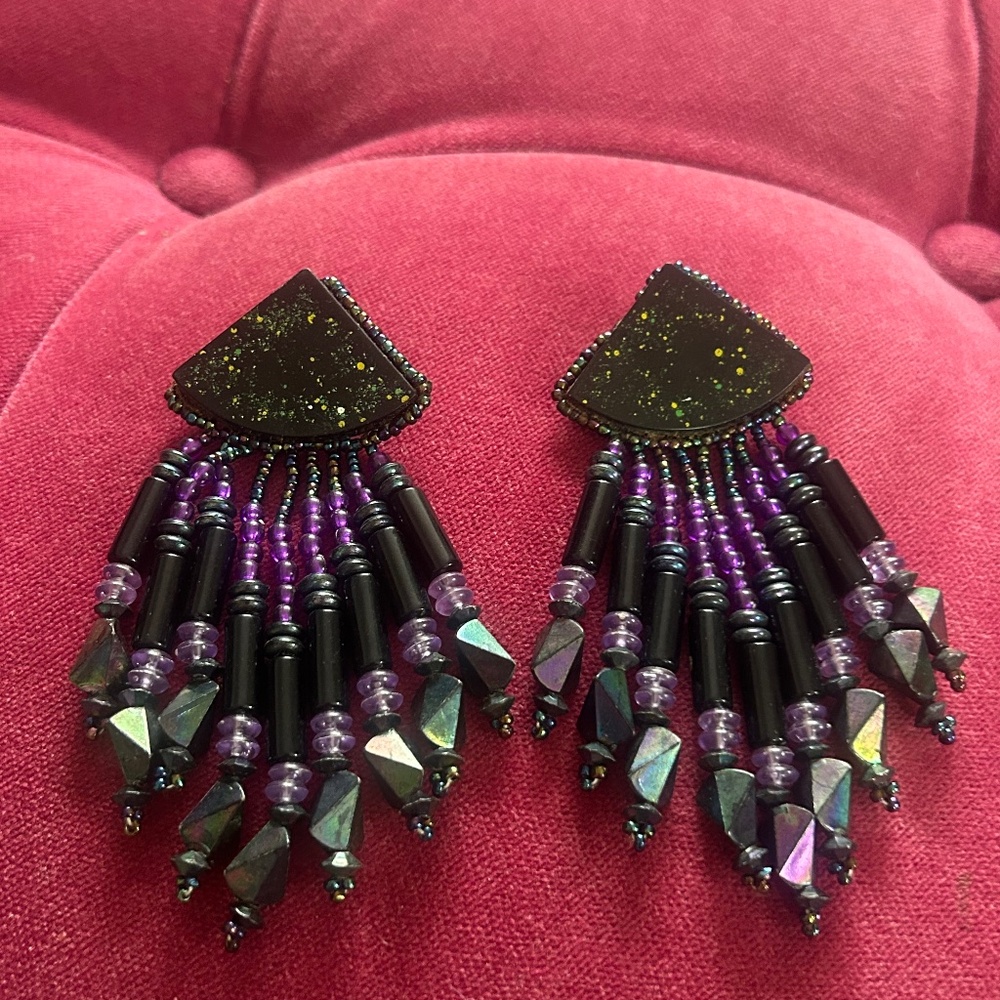 Vintage 1980s Beaded Statement Earrings — Black & Purple Art Deco Dangle